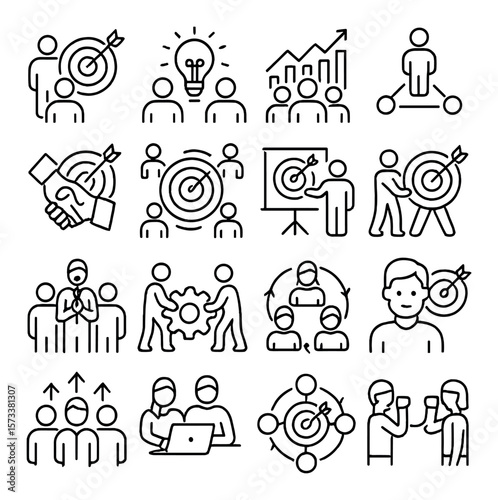 Shared goals collection, teamwork synergy icons. collaboration and productivity set