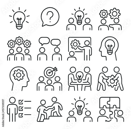 Collaborative problem-solving icon collection, teamwork and brainstorming symbols set