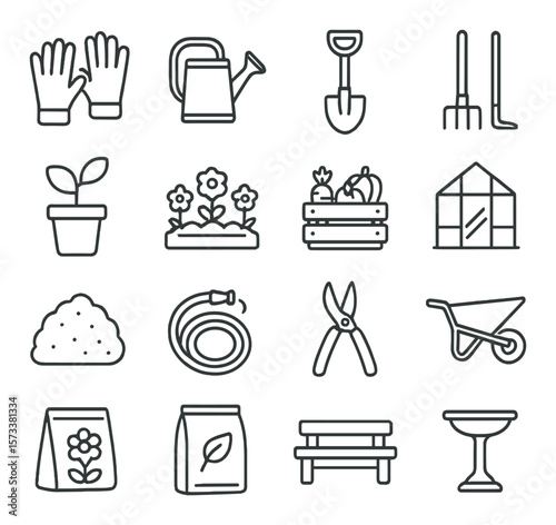 Garden tools collection, gardening icon set. landscaping and horticulture symbols