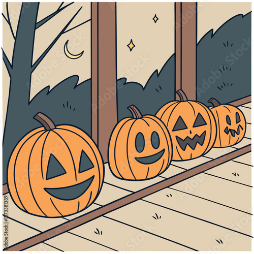 Four jack o lanterns lined up on a porch at night with a moon and stars in the sky and a tree silhouette