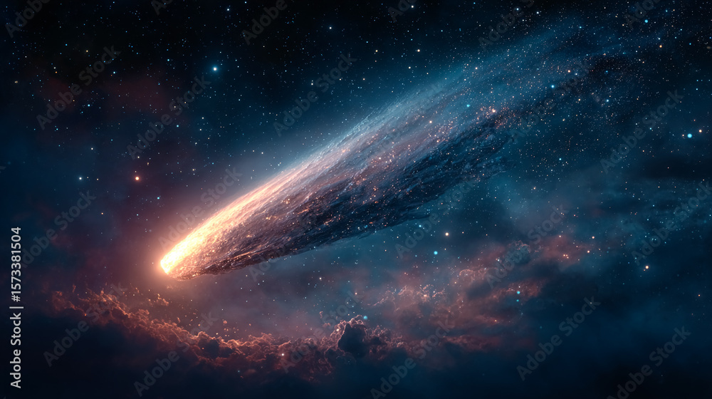 Fototapeta premium Comet hurtles through starry night sky. Concept: exploration, wonder. Great for astronomy content, science, web design, or marketing.