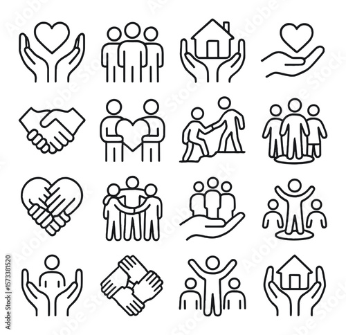 Community icons collection, simple social symbols. group and care design elements