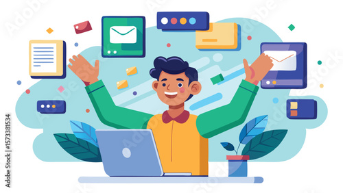 Illustration of a happy man with laptop surrounded by email icons and document notifications online