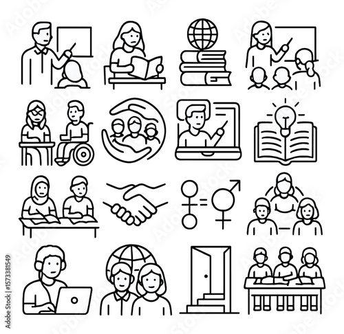 Education icons collection, diverse learning symbols. teaching and school design set