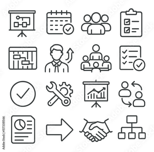 Project management icon collection with planning symbols and organizational tools
