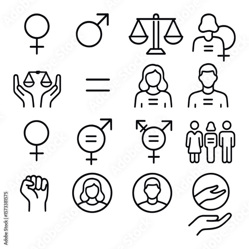 Inclusive equality collection, gender and diversity icon set. social justice symbols