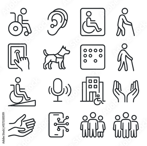 Accessibility icons collection, inclusive design symbols. universal and assistive elements set