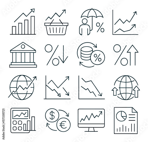 Economic indicators icon collection, finance and data symbols set. business trends pack