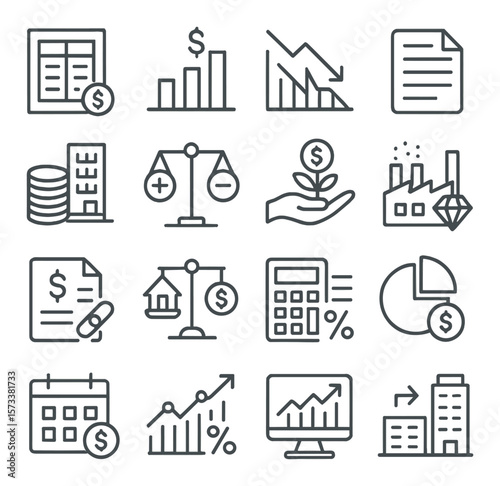 Corporate finance collection, financial planning and business strategy icons set