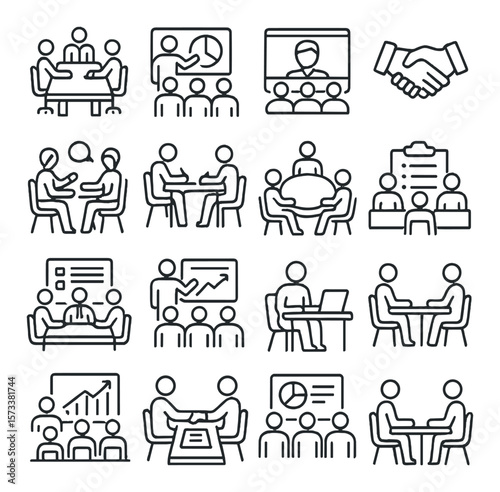 Business meeting collection, conference and collaboration icons. teamwork discussion set
