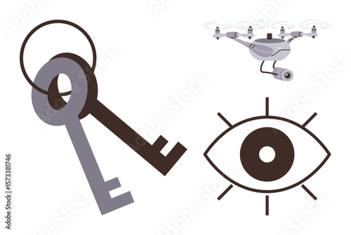 Two vintage keys, surveillance drone, and watchful eye icon represent access, monitoring, and protection. Ideal for security, surveillance, technology, privacy data protection access control