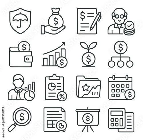 Financial services collection, money and banking icons set. finance and investment symbols