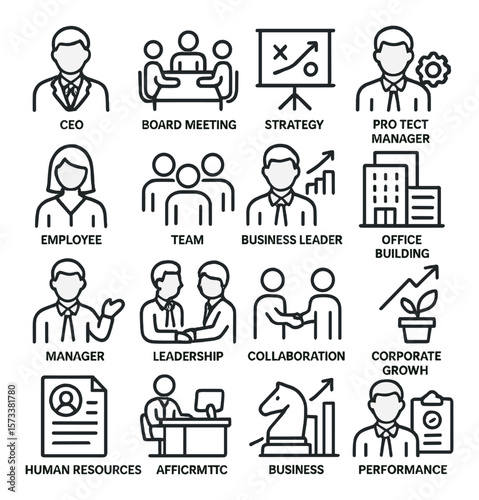 Corporate leadership icon collection, business management symbols. team development set