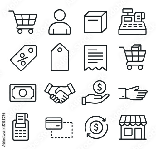Shopping collection, retail commerce icons. store and purchase symbol set