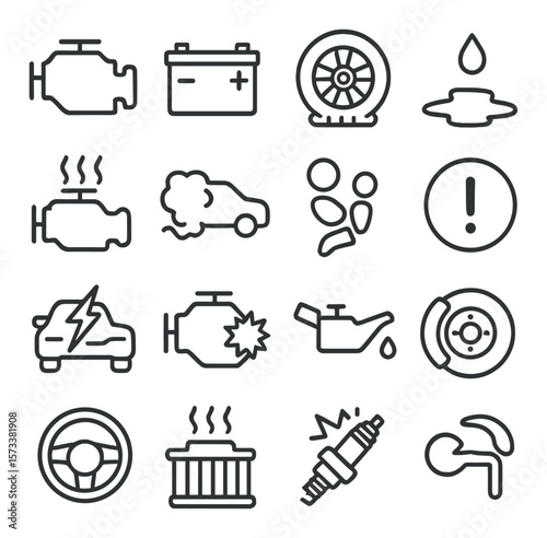 Car issue icons collection, automotive warning symbols. vehicle maintenance alert set