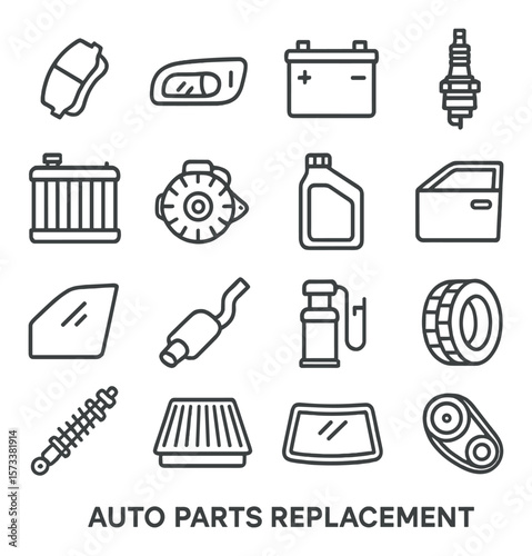 Auto parts collection, car component symbols. vehicle repair and maintenance set