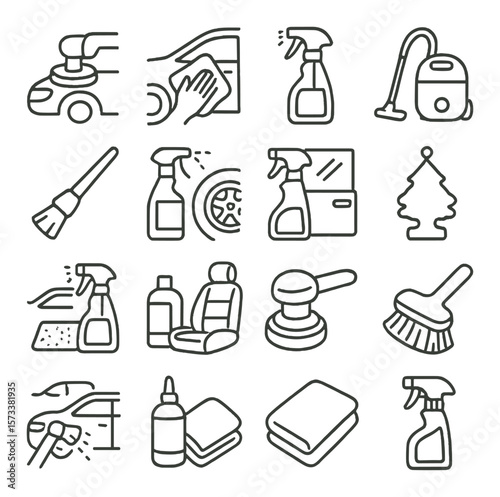 Car detailing collection, auto care icons. vehicle maintenance and cleaning symbols set