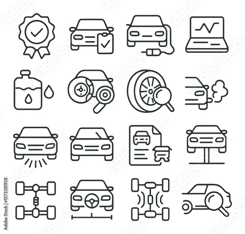 Car inspection collection, automotive maintenance symbols. vehicle check and diagnostics icons