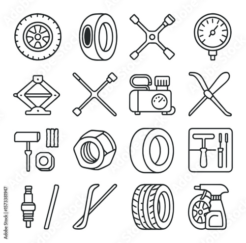 Tire repair tools collection, automotive maintenance icons. car repair toolkit set