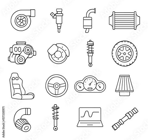 Auto performance collection: car tuning and modification symbols set for enthusiasts