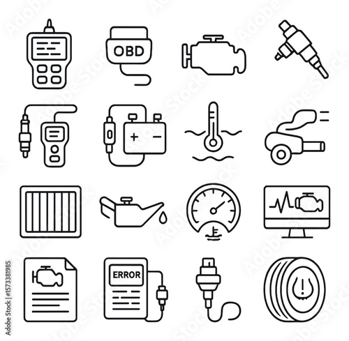 Car diagnostic icons collection, automotive repair symbols. mechanic and maintenance tools set