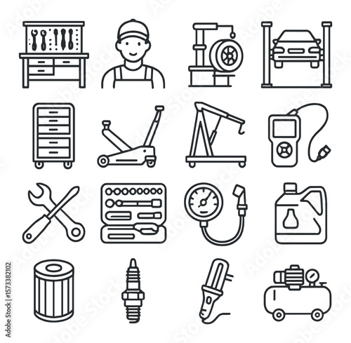 Auto workshop icon collection, car repair tools and maintenance set. mechanical design elements