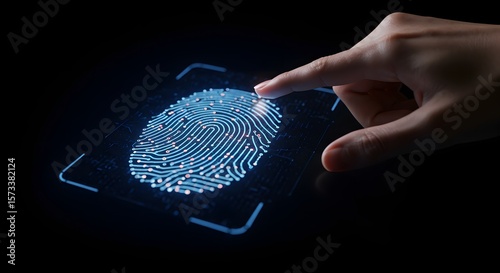 Hand scanning fingerprint on digital screen, biometric authentication, identity verification, security concept. Finger touching illuminated fingerprint with glowing lines, data protection.