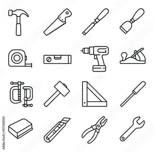 Carpentry tools collection, woodworking symbols. diy and building tool icons set