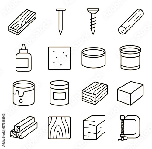 Woodworking tool collection, carpentry and diy essentials. craft and build icon set