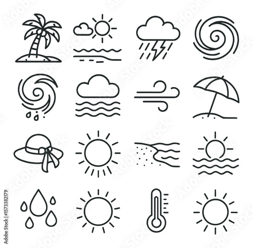 Tropical weather icon collection, minimalist design symbols. climate and forecast set