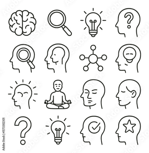 Mental clarity icon collection, mindfulness symbols. focus and meditation design set