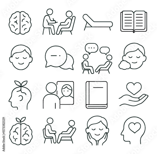 Therapy icon collection: mental health symbols. counseling and psychology imagery set