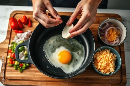 Hands cracking eggs into a pan on a table with chopped onions, p