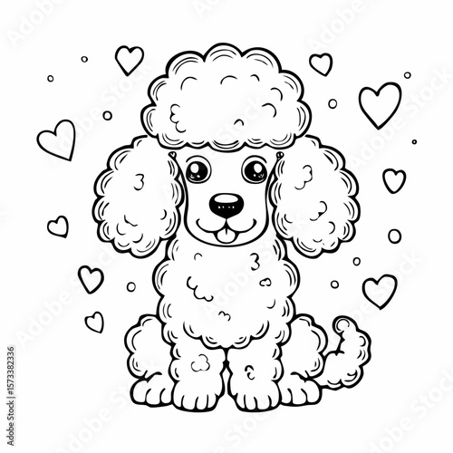 Poodle Dog comic black and white sketch vector illustration, doodle style. Black line art. Stick cartoon vector