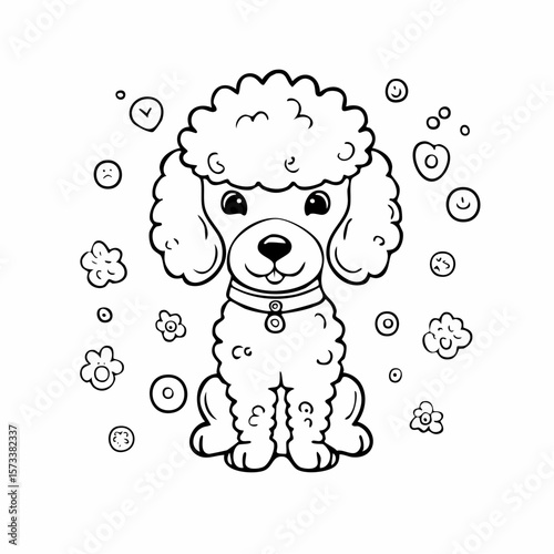 Poodle Dog comic black and white sketch vector illustration, doodle style. Black line art. Stick cartoon vector