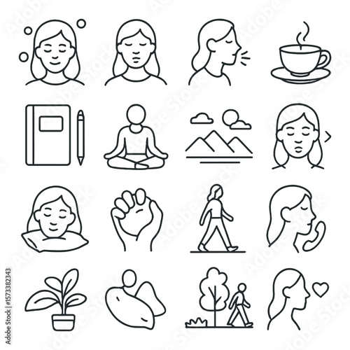 Anxiety relief icon collection: calming, relaxation symbols for mindfulness and peace