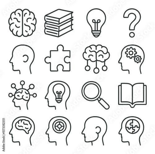 Cognitive development collection, learning and brain icons. mental growth symbol set
