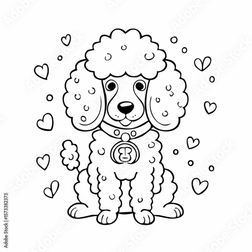 Poodle Dog comic black and white sketch vector illustration, doodle style. Black line art. Stick cartoon vector