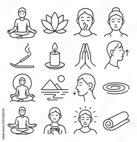 Mindful meditation collection, calming wellness symbols. relaxation and tranquility icons