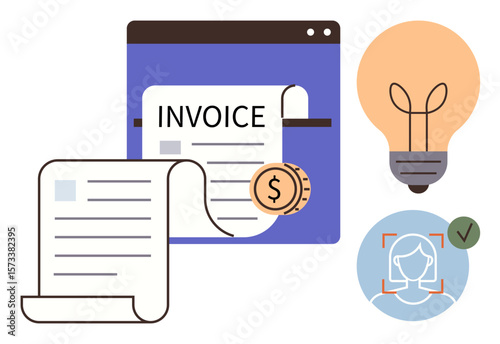 Online invoice window, rolling paperwork, coin, light bulb, verified face. Ideal for accounting, finance, billing technology innovation identity security. A simple flat metaphor
