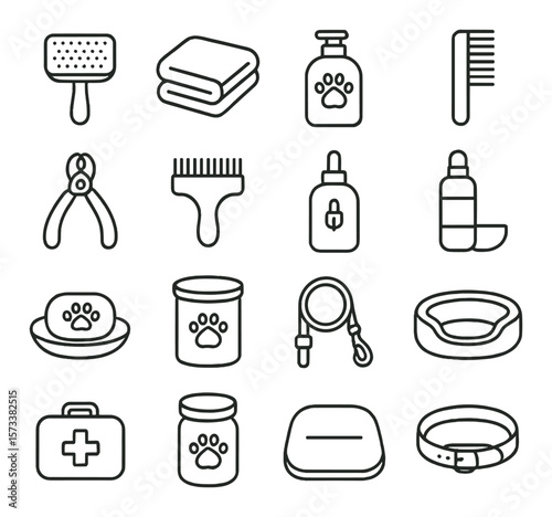 Pet care essentials collection, grooming and hygiene symbols. animal care items set