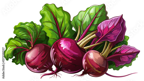   close up Rustic organic beets, deep purple with dusty skin, sit with attached leafy greens, perfect for representing farm-to-table style and root vegetable nutrition in earthy, artistic designs. 