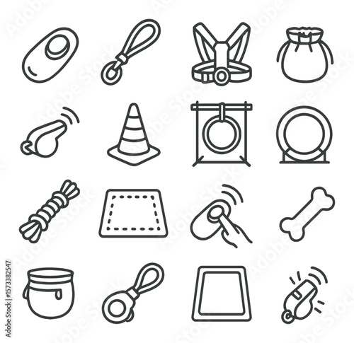Pet training essentials collection, animal training icons. obedience and behavior tools set