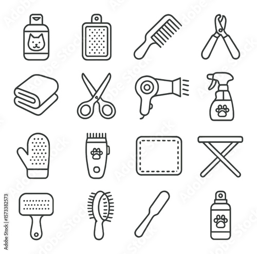 Pet grooming tools collection, essential care items. animal hygiene and spa kit design