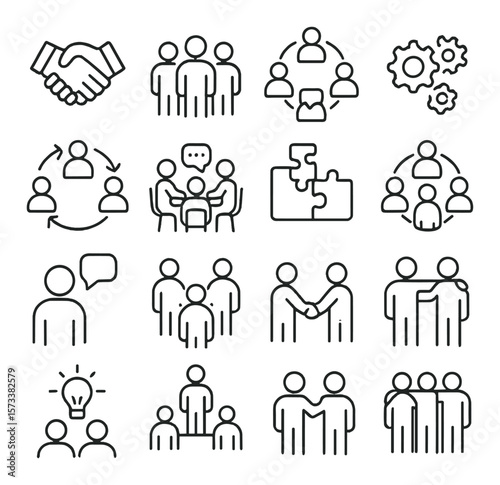 Teamwork and collaboration collection, group communication and partnership icon set