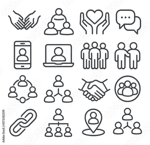 Community connection icon collection: social, networking, and communication symbol set