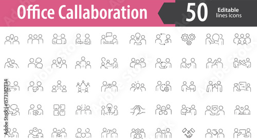 Office Collaboration Line Icons, Team Meeting, Group Discussion, File Sharing, Project Planning, Workflow Connection, Editable Formats: AI, EPS, PNG, JPG, Ideal for Both Digital and Print Use
