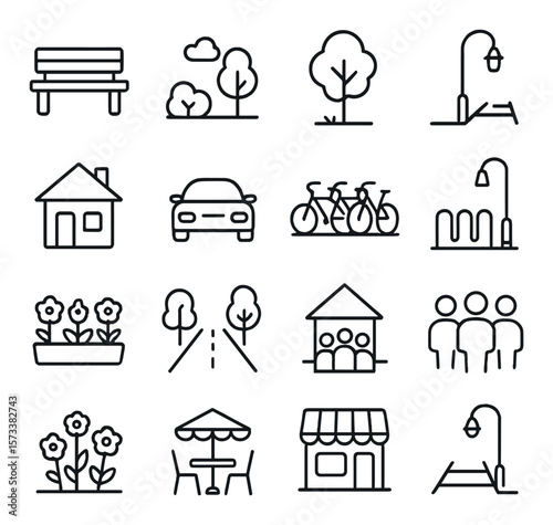 Urban planning collection, city development icons. community and infrastructure symbols set