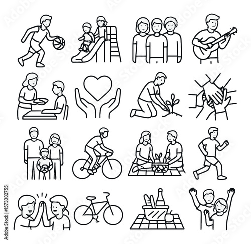 Community activities collection, recreational group play. social and leisure icon set