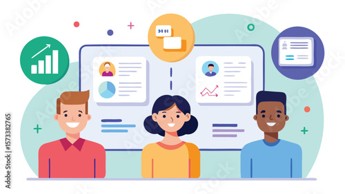 Illustration of three diverse individuals with data charts and communication icons in the background